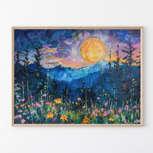 Moon above the Wildflowers and Woodland Oil Painting Print | Full Moon above Nature, Flowers and Trees | Mystical Midnight Enchanted | MAT5