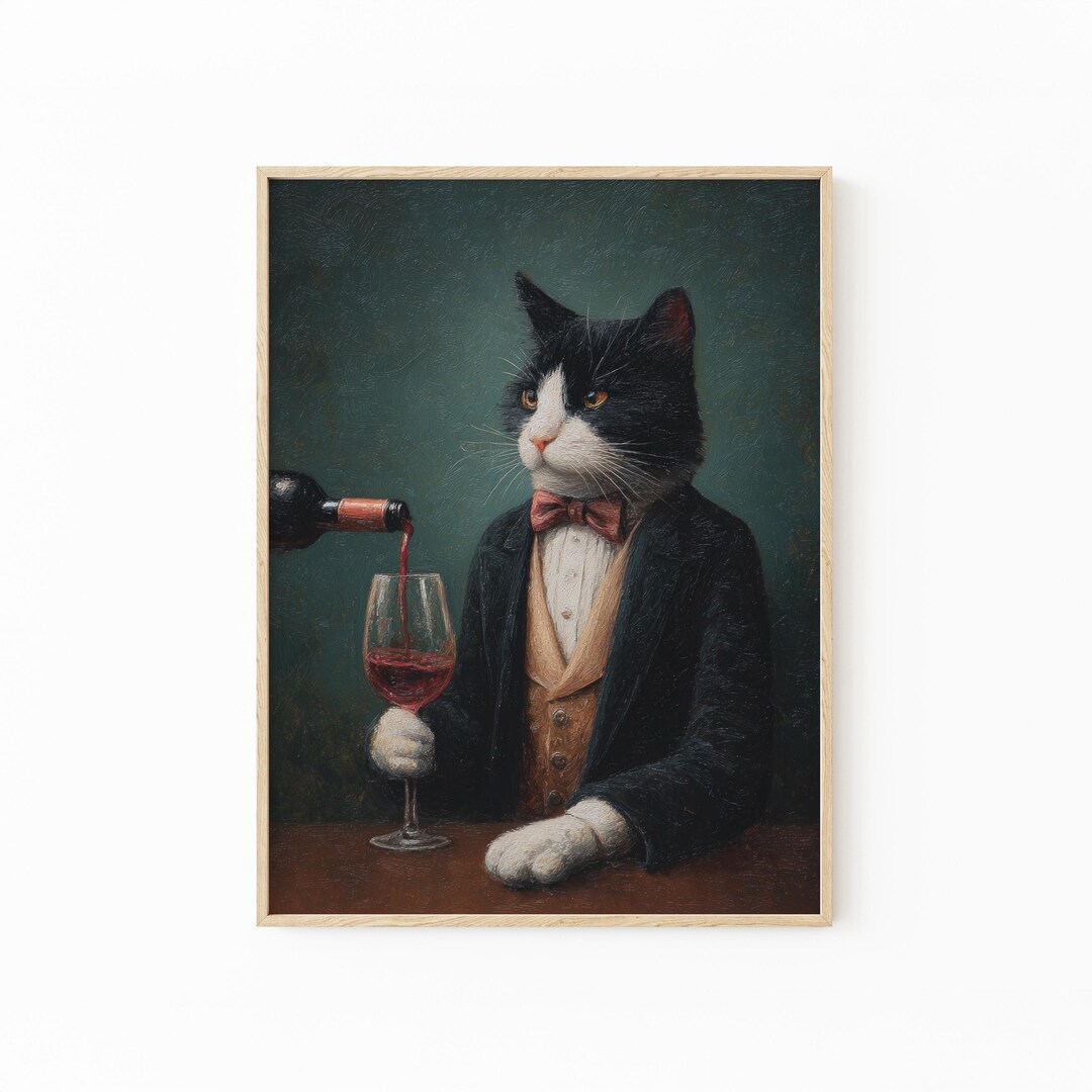 Black and White Cat With Wine Glass Print: Moody Whimsical Wall Art ...