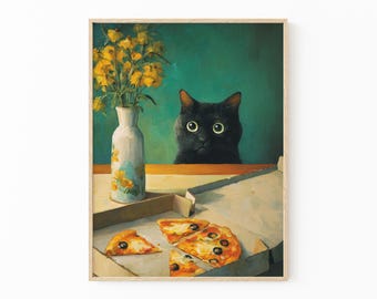 Guilty Black Cat Eating Pizza Painting Print | Whimsical Funny Wall Art for Cat Lovers | GUP1
