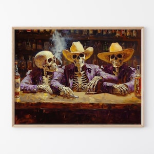 Stampa a olio su tela "Wild West Remains Skeleton Cowboy In a Bar" / Arte murale Western / Arte Cowboy / Regalo per viaggio su strada / Stampa sud-occidentale / WWR6