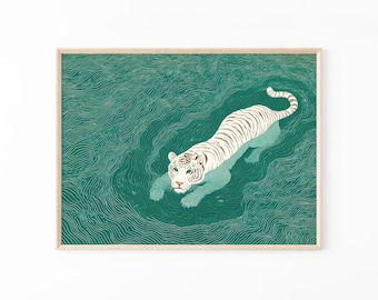 Japanese Tiger Swimming Print: Vintage Ukiyo-e Style Wall Art | WBH3