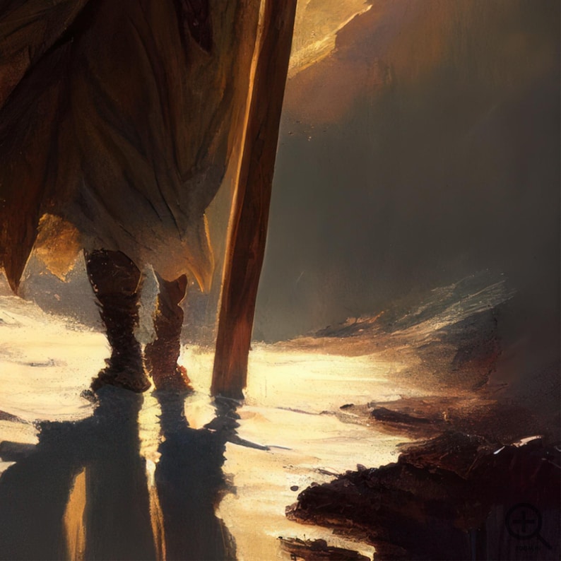 a person walking on a rocky path, with a warm, golden glow illuminating the scene.