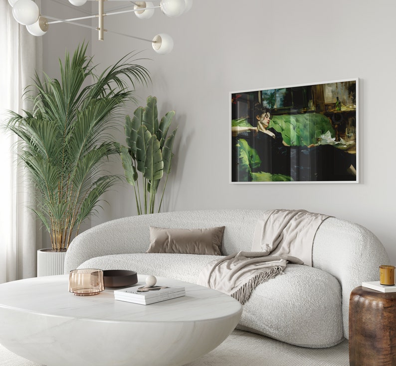 Jovem mulher decadente após a dança, natureza morta, arte de parede vintage, arte verde-esmeralda, decoração de parede sombria, impressão de pintura a óleo DY01 imagem 3
