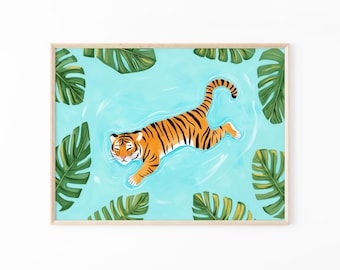 Impresión de pintura al óleo de tigre caminando en el río / Arte mural de animales / Animales de safari / Decoración de pared tropical / Pintura de jungla / Tigre nadando / TWI6