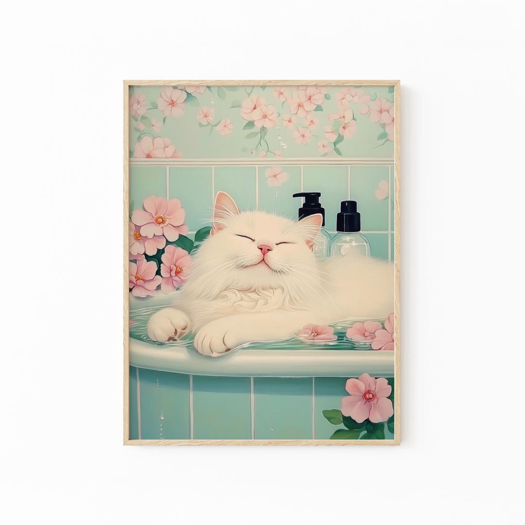 White Cat in a Bathtub Painting Print | Japanese Bathroom Wall Art ...