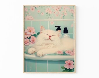 Witte kat in badkuip schilderij print | Japanse muurkunst badkamer | Ontspanningsposter | Japanse kunst aan de muur katten | Neutrale Japandi-print | WIC3