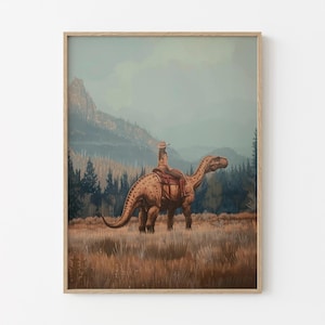Vintage Dinosaur Cowgirl Oil Painting Print | Western Jurassic Dinosaur Print | Gift for Her, Funny Print | VDG1