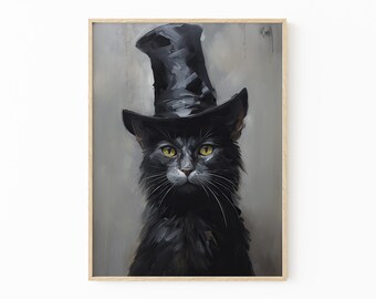 Black Cat Top Hat Oil Painting Print, Vintage Poster, Art Poster Print, Dark Academia, Gothic Victorian, Black Cat Art, Witchy Decor BCTH2