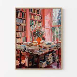 Stampa a olio di biblioteca vintage / Stampa di libreria / Regalo per amanti dei libri / Regalo per la lettura / Arte retrò per amanti dei libri / Arte retrò femminile / VLO2