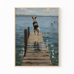 Happy Dog Jumping Off Dock Oil Painting Print | Happy Summertime Dog Art | Coastal Decor | Boat House Art | Gift for Dog Lovers | HDO5