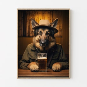 Funny Animals Dog Drinking Beer Oil Painting Print, Beer Wall Art, Beer Artwork, Surrealism Artwork, Beer Artwork, Animal Artwork