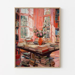Stampa a olio di biblioteca vintage / Stampa di libreria / Regalo per amanti dei libri / Regalo per la lettura / Arte retrò per amanti dei libri / Arte retrò femminile / VLO4