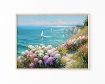 Print met wilde bloemen aan de kust | Vintage strand bloemen zeegezicht muurkunst | Op de oceaan geïnspireerde woondecoratie | FLB3