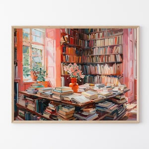 Stampa a olio di biblioteca vintage / Stampa di libreria / Regalo per amanti dei libri / Regalo per la lettura / Arte retrò per amanti dei libri / Arte retrò femminile / VLO8