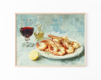 Prawn with Lemon Painting Print | Impasto Oil Style Still Life Art | Coastal Kitchen Wall Decor | FAS2