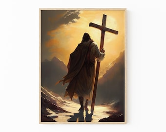 Impresión de pintura al óleo original de Jesús cargando la cruz, cruz de Jesús, arte religioso de pared, impresión mate, decoración religiosa de pared