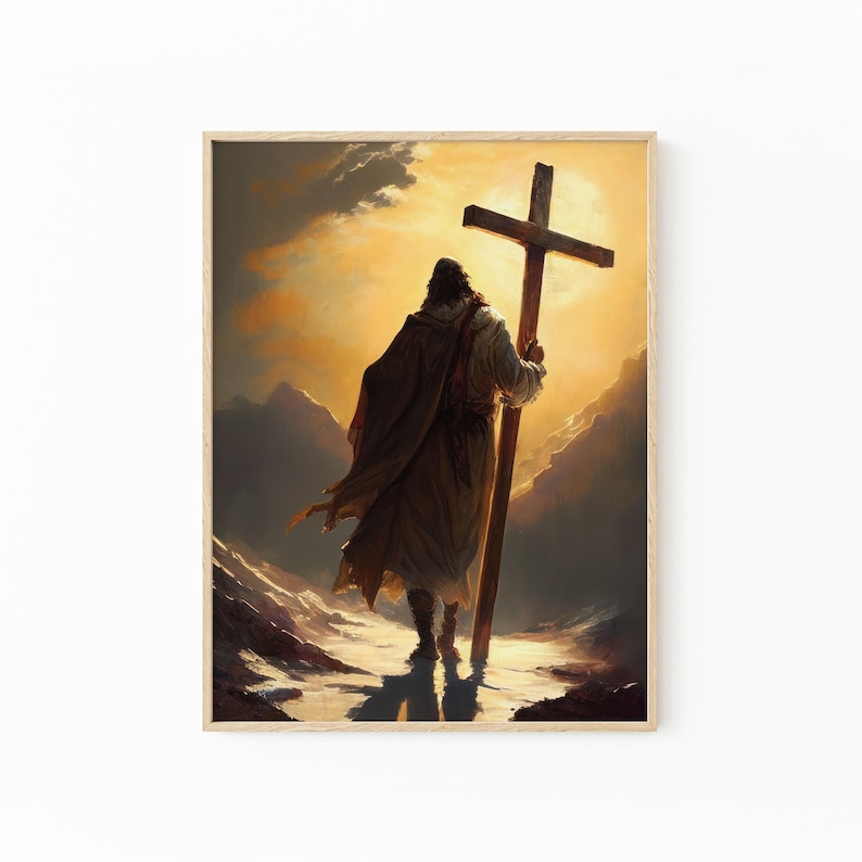 a person carrying a large cross, walking through a mountainous landscape under a cloudy sky.
