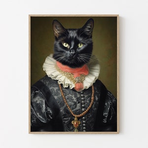 黒猫の壁掛け油絵プリント // ビクトリア女王のヴィンテージ肖像画 黒猫の威厳のある襟巻き // 動物の室内装飾ギフト // BCW4