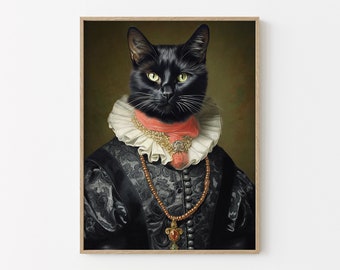 Black Cat Wall Oil Painting Print // Vintage Portrait of Victorian Queen Black Cat Regal Ruff // Animal Home Decor Gift // BCW4