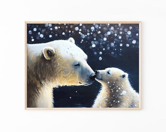 Polar Bear with Cub, Cute Oil Painting Artwork, High-Quality Matte Wall Art Print, Winter Home Decor, Gift for Polar Bear Lovers
