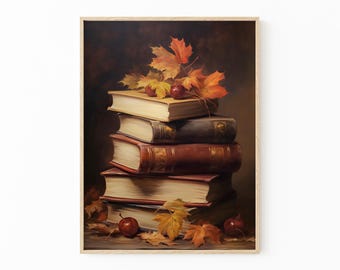 Rustic Fall Decor Book Oil Painting Print | Autumn Print Dark Academia | RFD1
