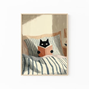 Lámina de gato negro leyendo / Arte de pared de gato negro / Póster acogedor para dormitorio / Ilustración para amantes de los libros / Lámina de gato en la cama / SLE3