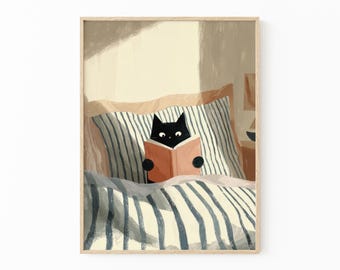 Black Cat Reading Print | Black Cat Wall Art | Cosy Bedroom Poster | Book Lover Illustration | Cat in Bed Print | SLE3