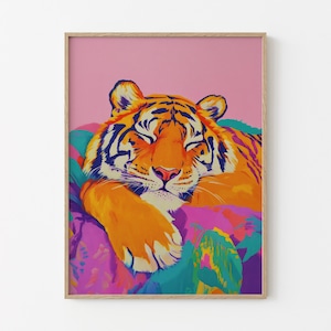 Sleeping Tiger In Bed Oil Painting Print | Maximalist Wall Decor | Tiger Print | Tiger Wall Art | Jungle Decor | Tiger Bedroom Decor | STIA1