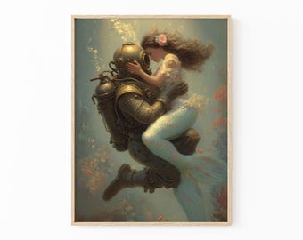 Impresión de pintura de sirena vintage / Arte mural costero náutico para decoración de casa de playa / CBS2