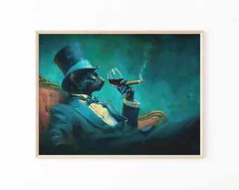 Gentleman Cat Sipping Wine Oil Painting Print | Bar Cart Decor | Cat Poster | Wine Print  | Trendy Kitchen Decor | Dining Room Print | GCS6