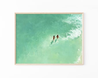 Green Abstract Oil Painting Print | Two People Swimming Painting | Turquoise Painting | Green wall art | Green Minimalist Art | GBO5