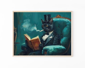 Gentleman Cat Sipping Wine Oil Painting Print | Bar Cart Decor | Cat Poster | Wine Print  | Trendy Kitchen Decor | Dining Room Print | GCS5
