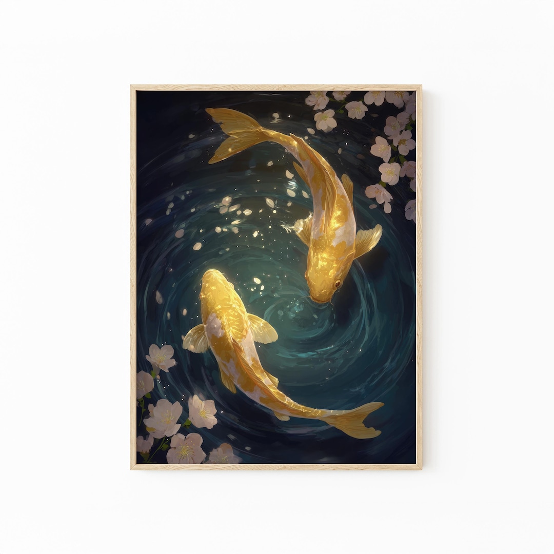 Koi Fish Art Print | Japanese Modern Floral Poster | Light Blue Bedroom ...