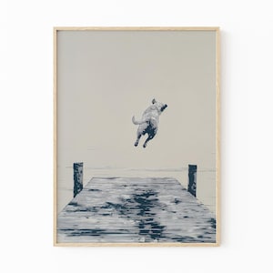 Happy Dog Jumping Off Dock Illustration | Happy Summertime Dog Sketch Art | Coastal Decor | Boat House Art | Gift for Dog Lovers | HDJ6