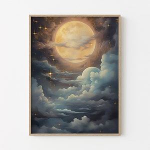 Vintage Enchanting Celestial Moon Art Oil Painting Print | Dark Academia & Dark Cottagecore | Night Sky Painting | Moon Art Print | VEC3