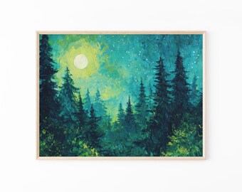 Obraz olejny „Księżyc i gwiazdy” | Ciemny las w stylu vintage | Dekoracja krajobrazowa | Wydruk „Niebiańskie nocne niebo” | MSO3