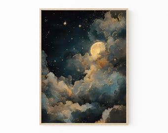 Moon Celestial Oil Painting Print | Dark Academia Decor | Abstract Night Sky Stars Print | Blue Gold Vintage Painting | DGM4