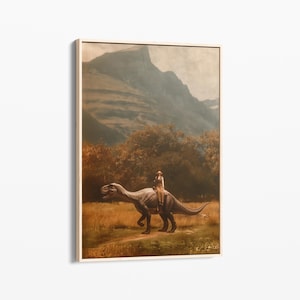 Vintage Dinosaur Cowgirl Oil Painting Canvas Print | Western Jurassic Dinosaur Print | Gift for Him | Funny Print | Midwestern Decor | VDG2