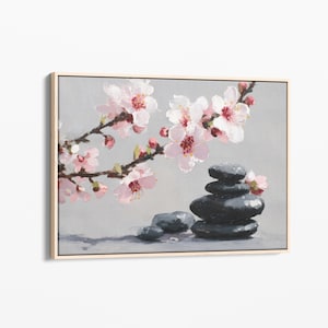Floral Zen Stones White Oil Painting Canvas Print | Bathroom Wall Decor | Bathroom Canvas Art Prints | Bathroom Art | New House Gift | FZS7