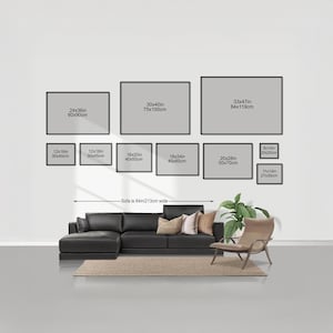 a living room with a black leather sofa and a chair, along with a rug on the floor. Above the furniture, there are nine framed artworks of varying sizes, each with a different width and height, ranging from 24x36 to 60x90cm. The artworks are arranged in a grid-like pattern on the wall, creating a visually appealing display.