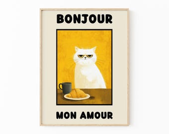 Impressão de Le Chat Blanche |  Bonjour Mon Amour Arte de parede de gato branco para decoração de casa vintage | SFW4