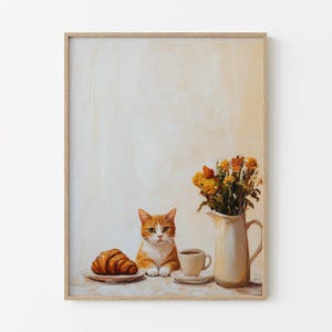 Cafe Croissant Cat Oil Painting Print | Kitchen Print | Bistro Coffee Poster | Un Cafe Sil Vous Plait | Kitchen Decor | Unique Prints | CCC4
