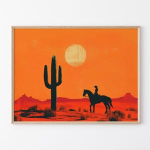 Cowgirl Minimalistischer Boho Western Gemälde Druck | Vintage südwestlichen Boho Kunst | Cowboy Wandbild | Terrakotta Sonnenuntergang | Cowgirl Kunst | CAA7