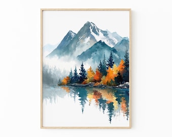 Rocky Mountain Watercolor Lake Painting Print | Neutral Landscape Wall Art | SWD3