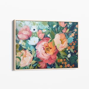 Vintage Green Flower Oil Painting Print | Canvas Print | Abstract Floral Painting | Modern Floral Painting Living Room Wall Decor | ABT8