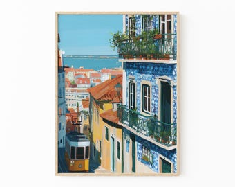 Lissabon Landschaft Ölgemälde | Portugal Kunstdruck | Fliesenkunst | Neue Start | Einweihungsparty Geschenk | LLO3