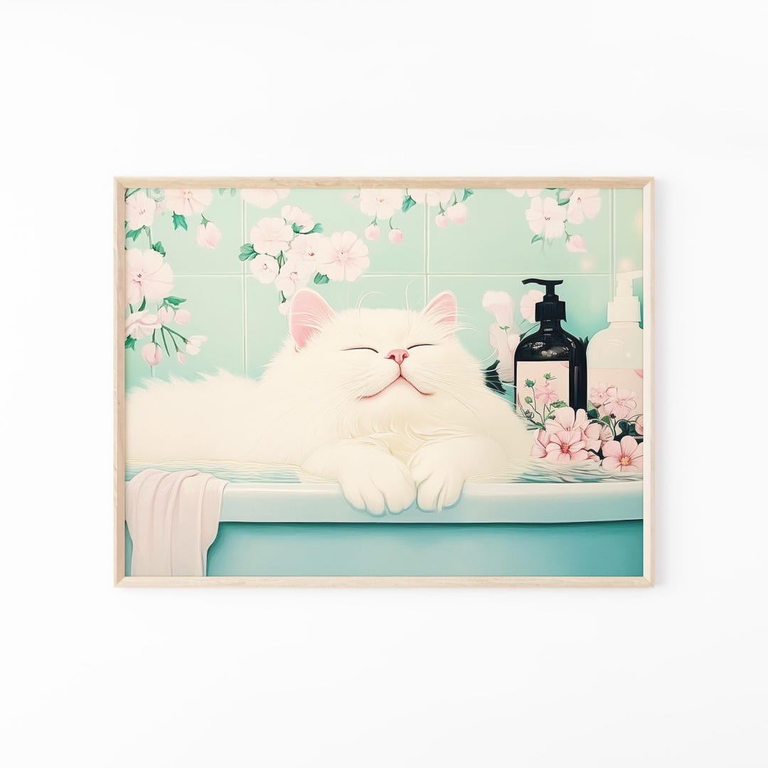 White Cat in a Bathtub Painting Print | Japanese Bathroom Wall Art ...