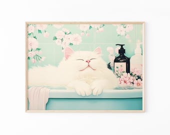 Witte kat in badkuip schilderij print | Japanse muurkunst badkamer | Ontspanningsposter | Japanse kunst aan de muur katten | Neutrale Japandi-print | WIC6