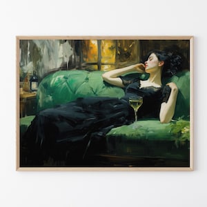 Decadent Young Woman after the Dance, Still Life Woman, Vintage Wall Art, Emerald Green Art, Moody Wall Decor, Oil Painting Print DY07