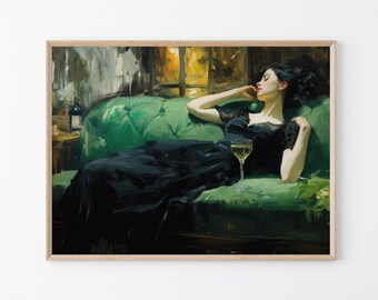 Jovem mulher decadente após a dança, natureza morta, arte de parede vintage, arte verde-esmeralda, decoração de parede sombria, impressão de pintura a óleo DY07